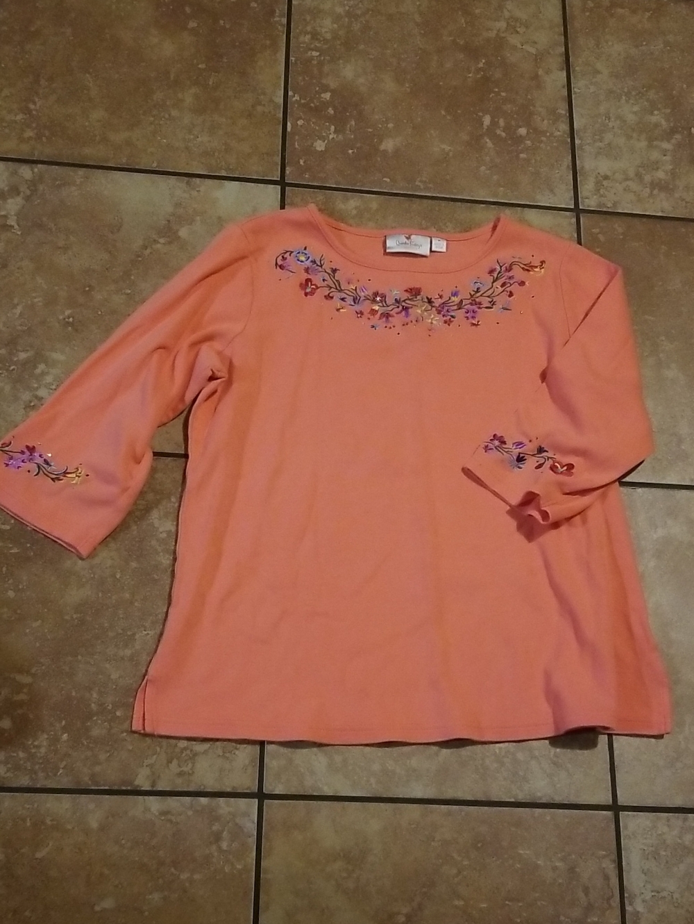 Quacker Factory Coral Embroidered Floral Knit Top